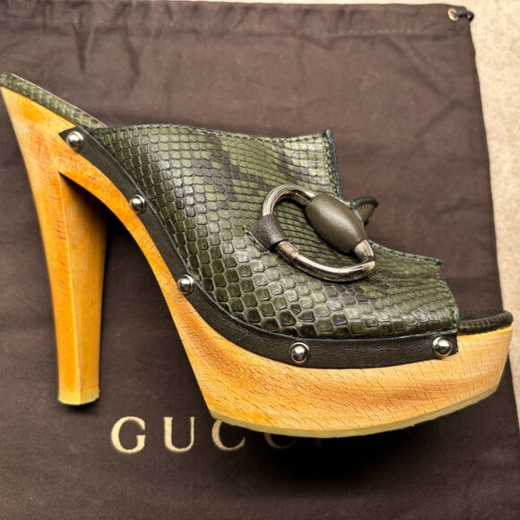 Gucci Mule Platforms in Python Snakeskin Green Leather - Picture 2 of 16